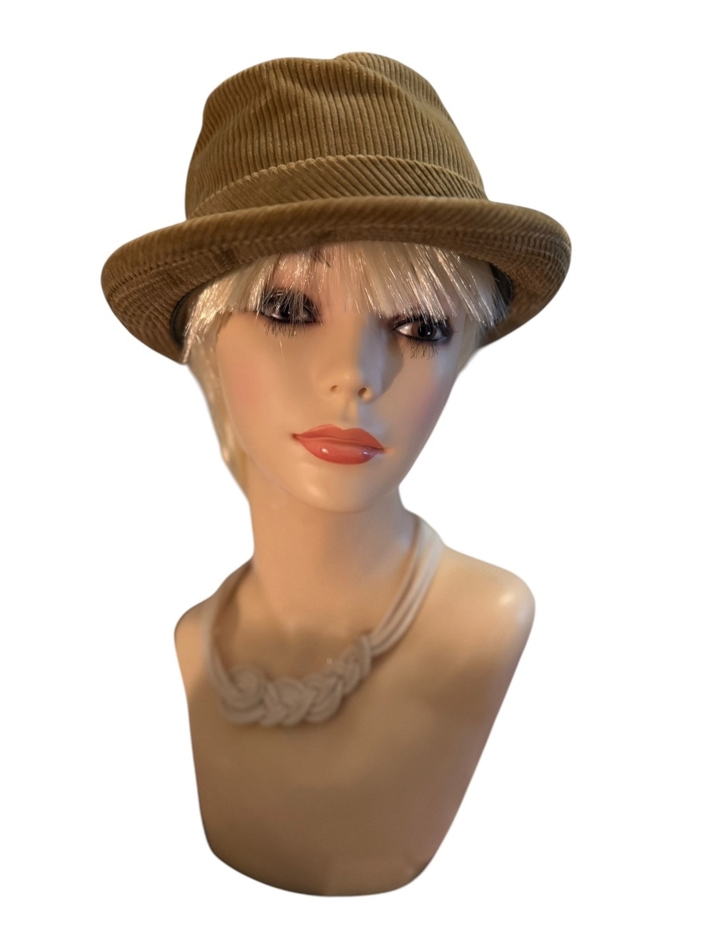 Vintage Eddie Bauer Tan Corduroy Fedora Hat with Feather Accent